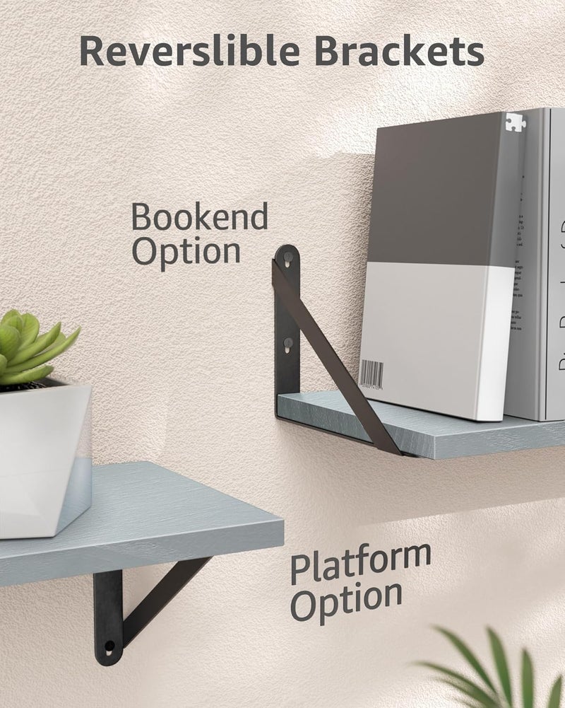 COCOYA Wall Shelves 7.3" Deep Set of 2, Solid Paulownia Wood Wider Longer Sturdy Easy to Install Wall Mounted Bookshelves Storage Shelves Bathroom Home Office Laundry Room Bedroom Organizer Gray - Image 3